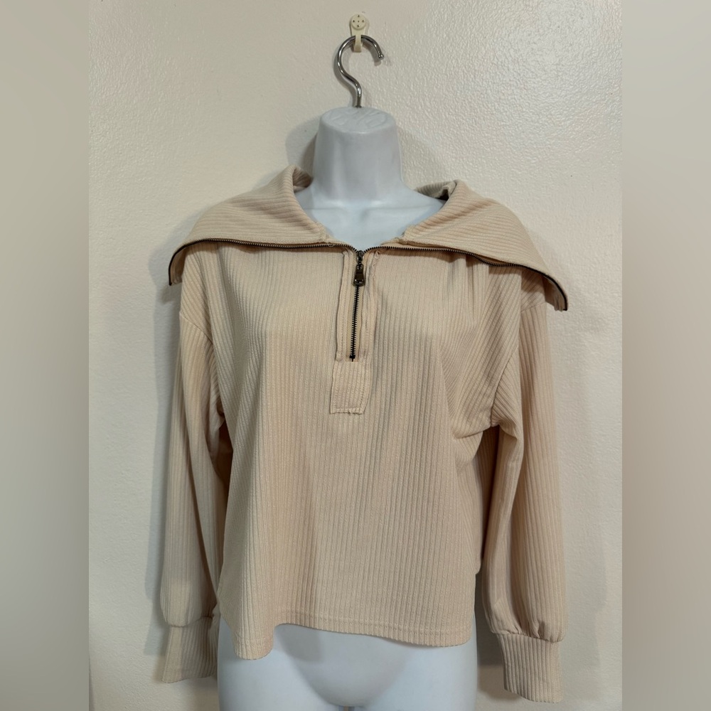 Half Zip Ribbed Knit Drop Shoulder Top​